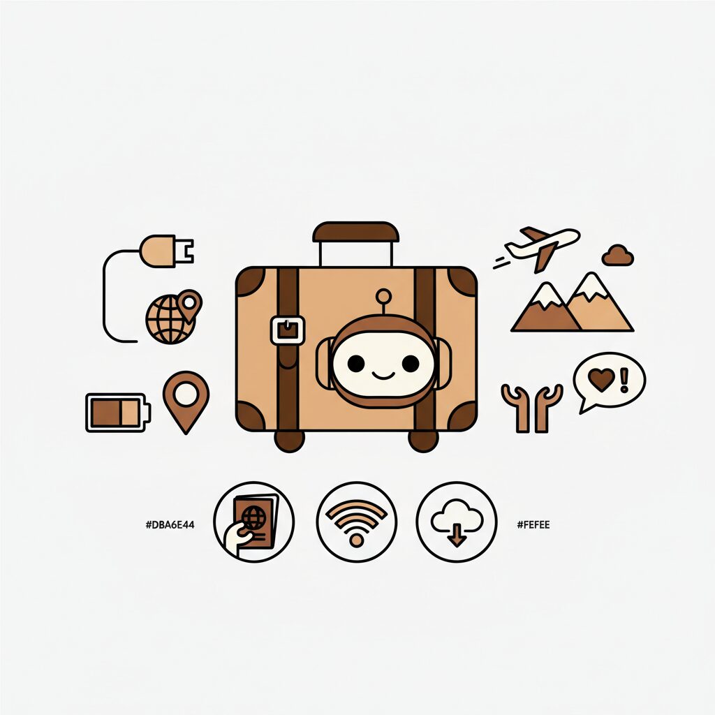 미래형 호텔 로비에서 로봇의 안내를 받는 가족 여행객들