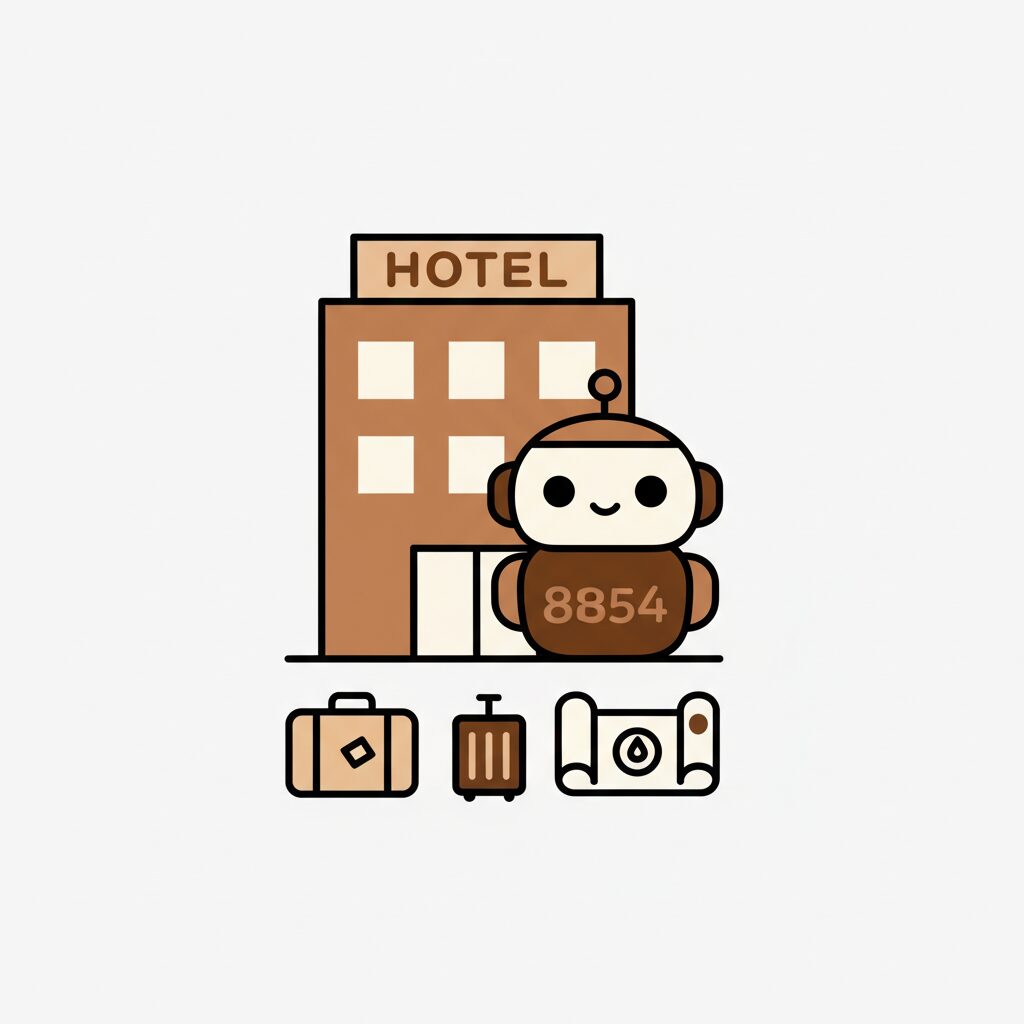 호텔 로비에서 서비스 로봇과 교감하는 어린 딸과 아빠