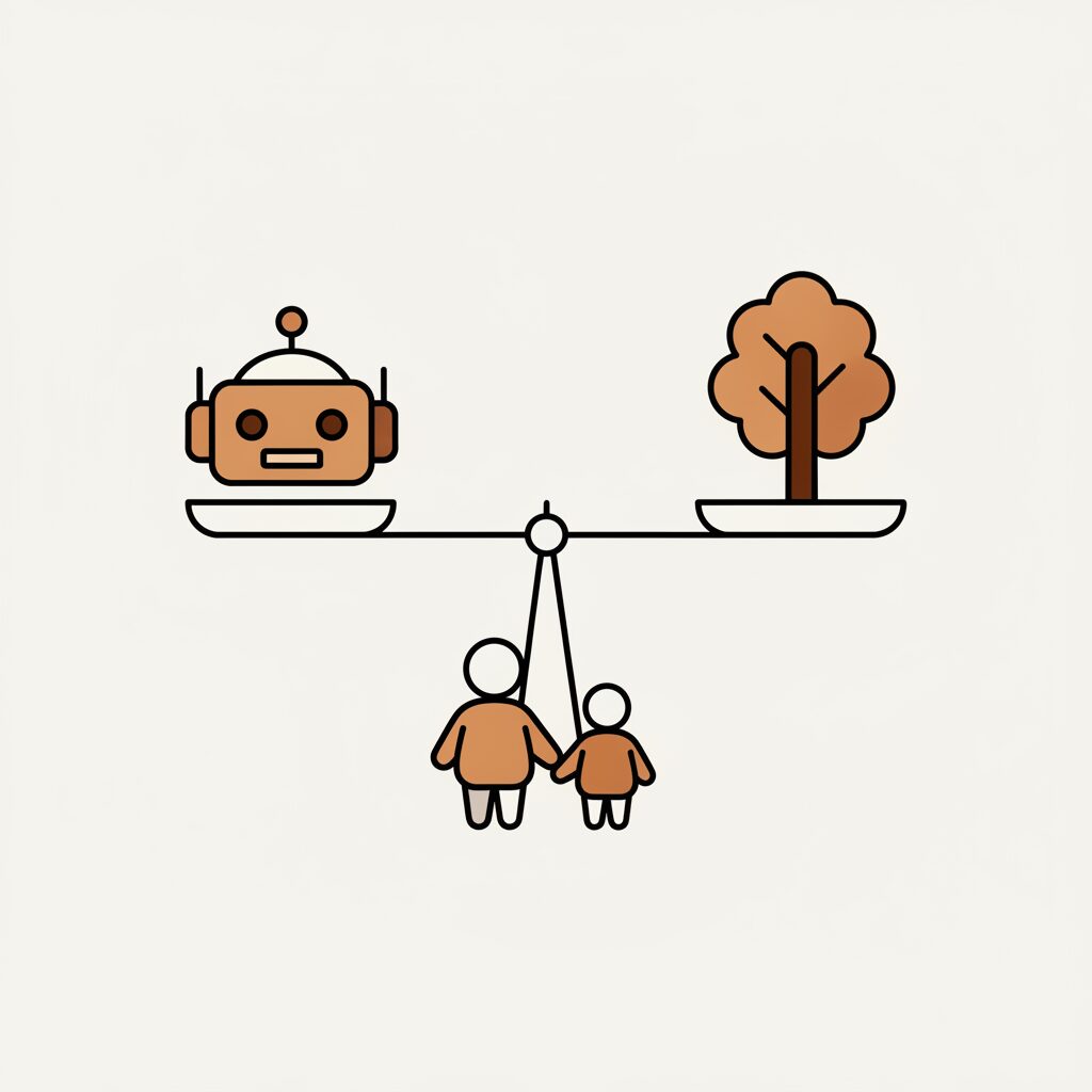 家族が自然散策とAI体験をバランスよく楽しむ旅行シーン