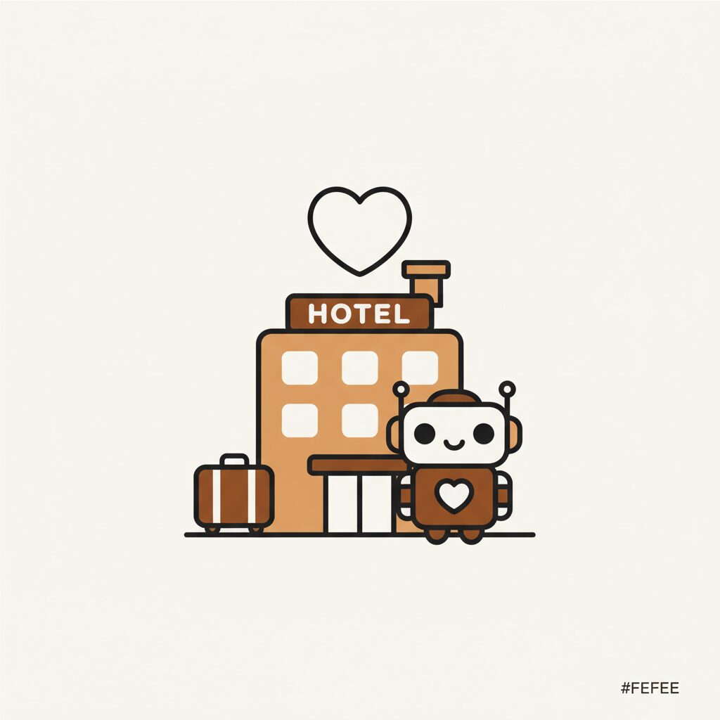 ホテルロビーでAIロボットに挨拶される親子、子供の驚いた表情