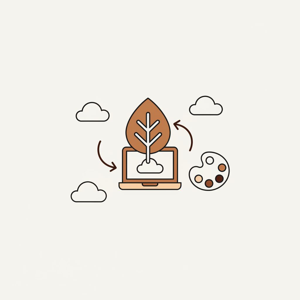 Child holding autumn leaves next to laptop displaying AI-generated art