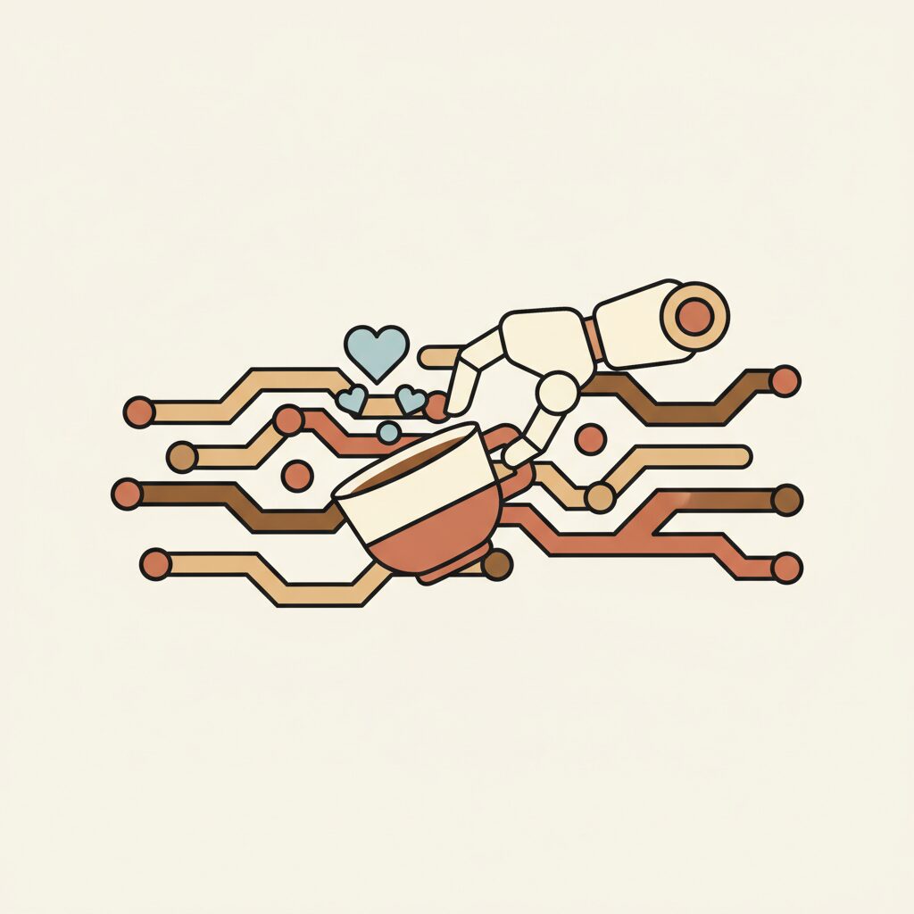 科技齿轮与温暖咖啡杯的拼贴画