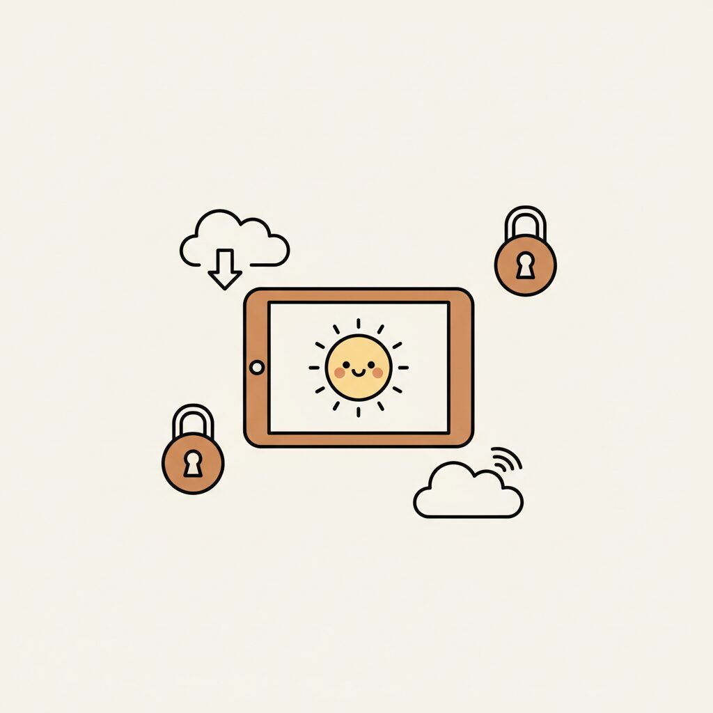 Children playing outdoors with a tablet showing cloud graphics