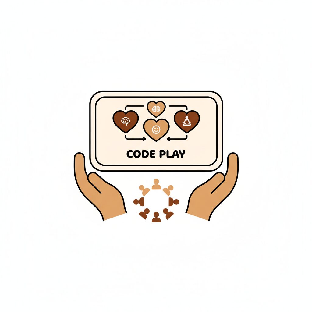 로봇의 손과 아이의 손이 다정하게 맞닿아 있는 모습, 기술과 인간의 조화를 상징