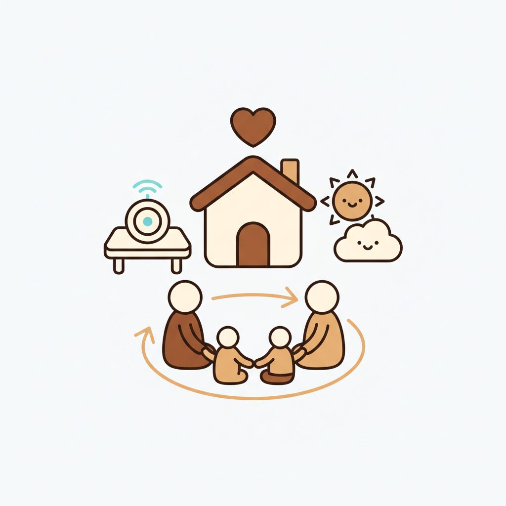 가족이 저녁 식탁에 둘러앉아 즐겁게 대화하는 모습, 진정한 소통의 중요성을 강조