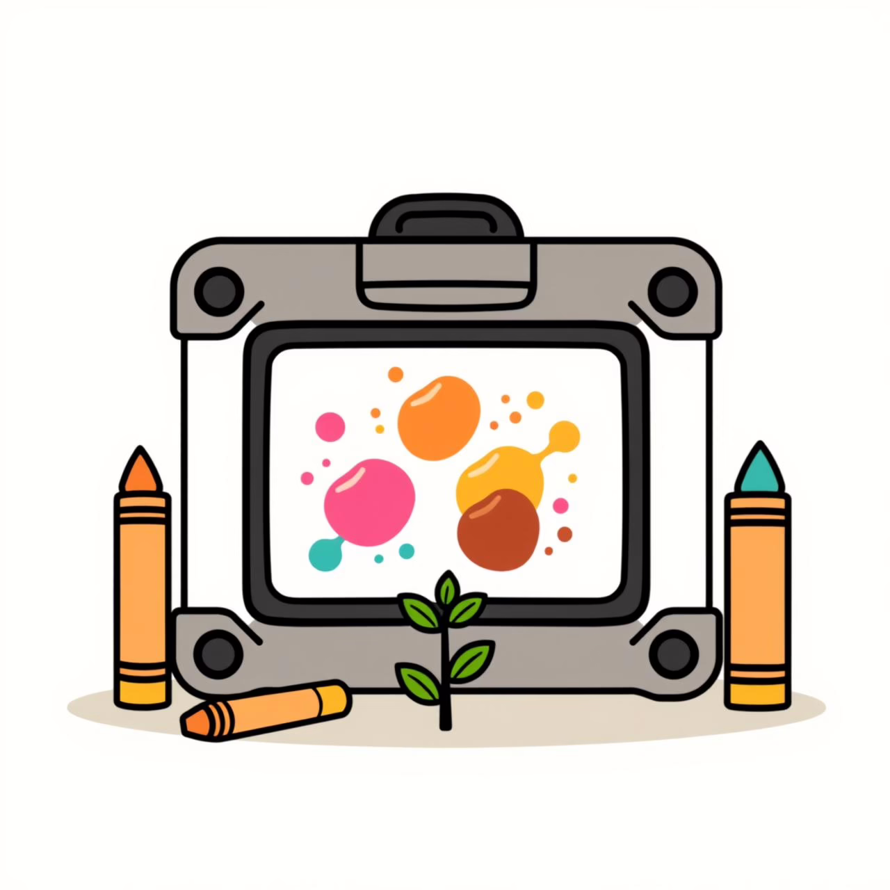 Niña sonriente creando arte digital en tablet con colores vibrantes