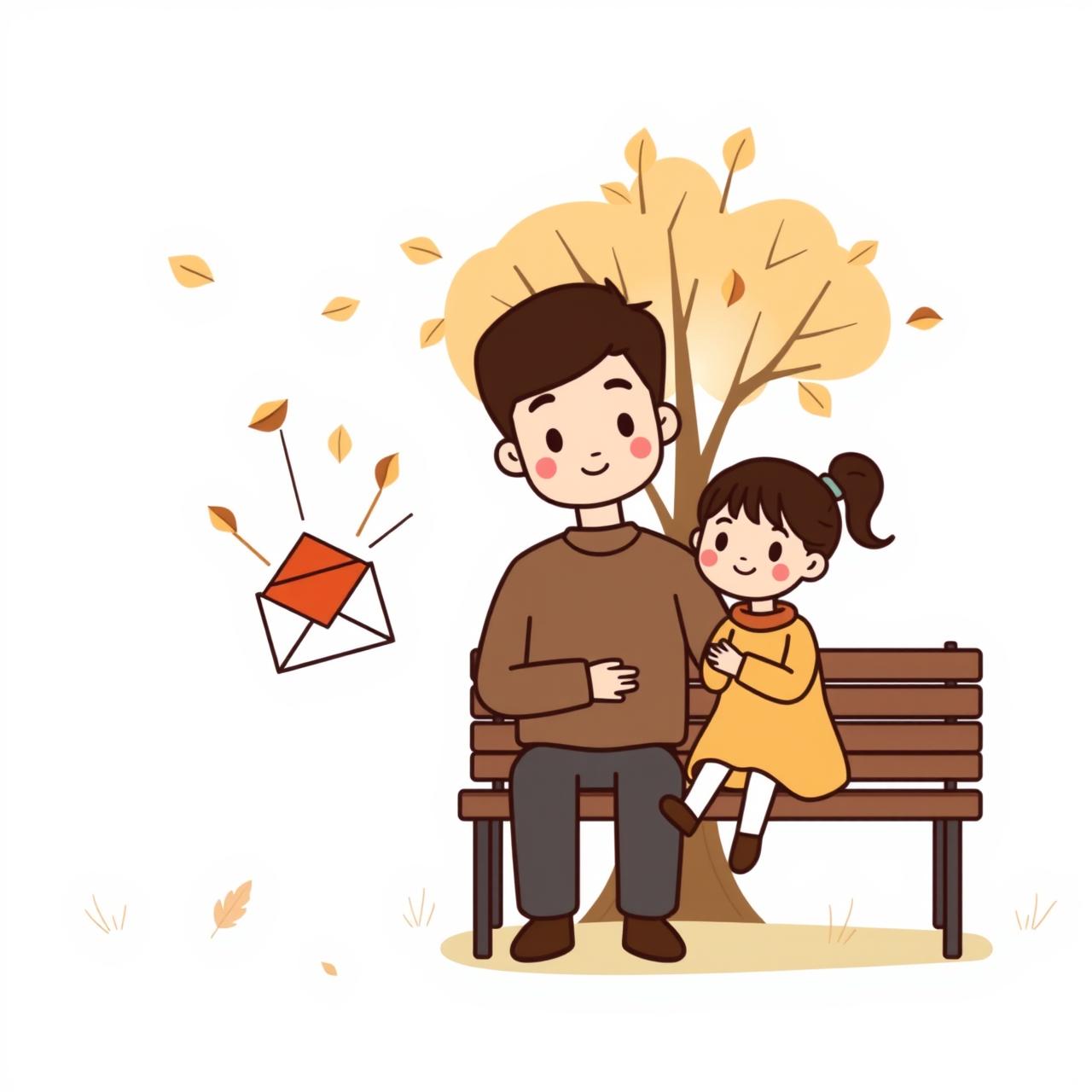 父と娘が公園のベンチで会話、秋の空気、技術についての温かい会話