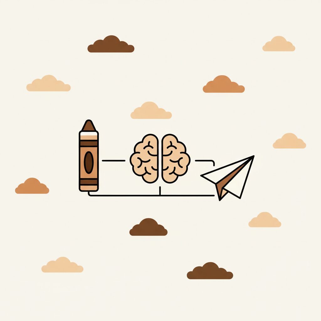 아이가 종이비행기를 날리며 상상력을 키우는 모습