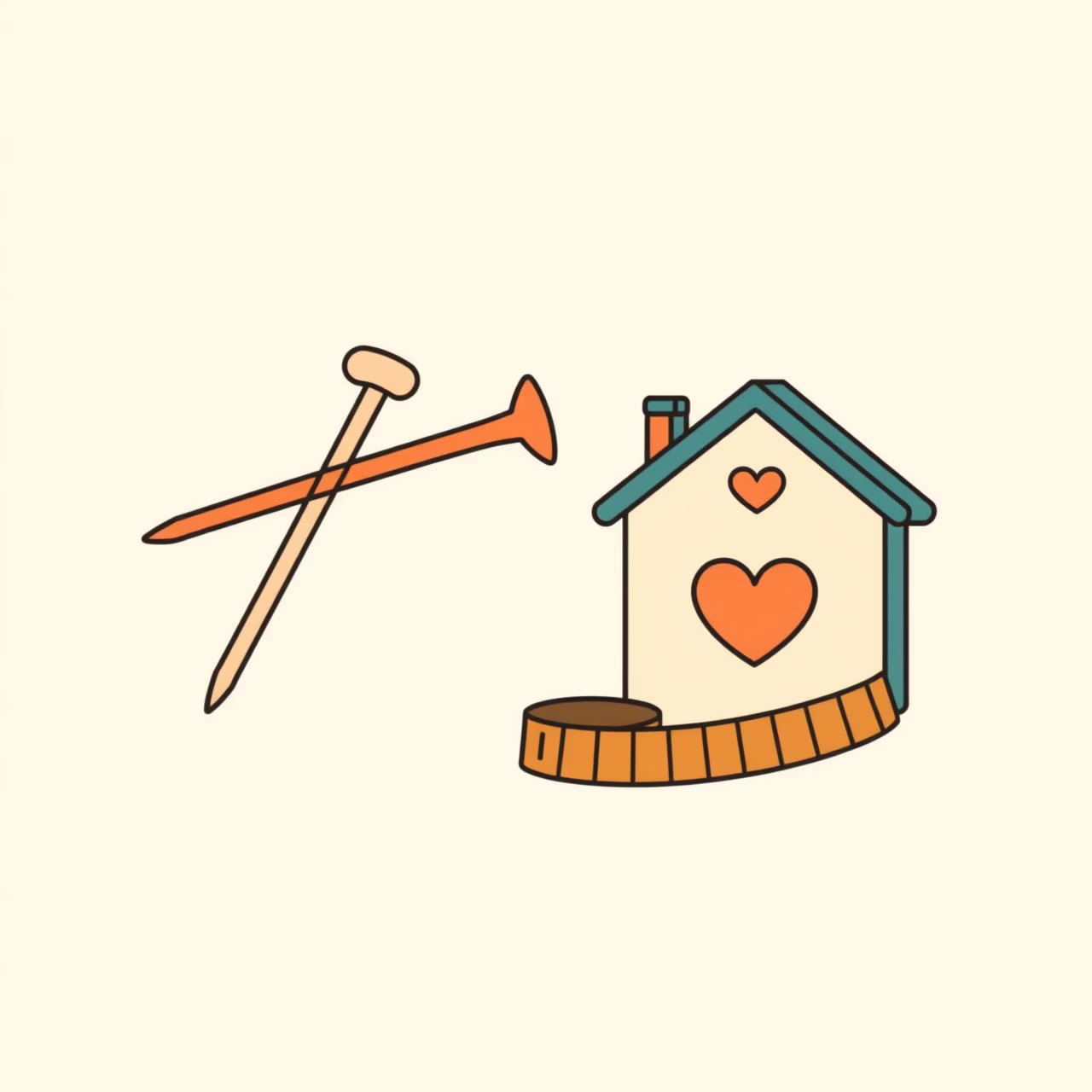 Illustration stylisée d'une famille construisant une maison avec des clous symboliques, évoquant le travail d'équipe et la construction de sens
