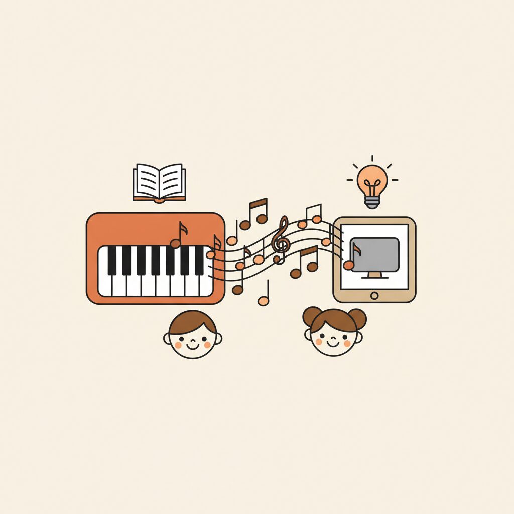 孩子同时在弹钢琴和平板电脑上操作AI音乐工具