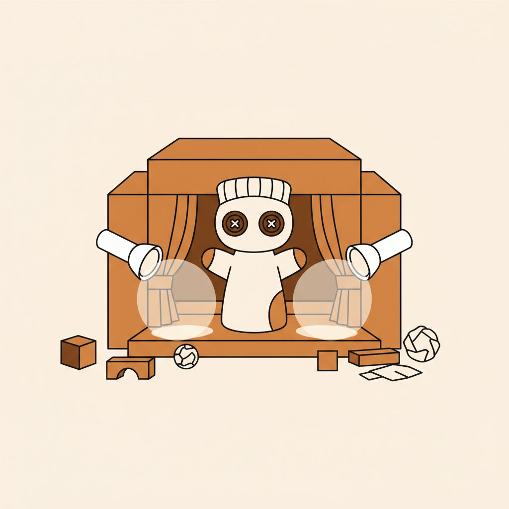 Family creating a puppet show with simple homemade materials