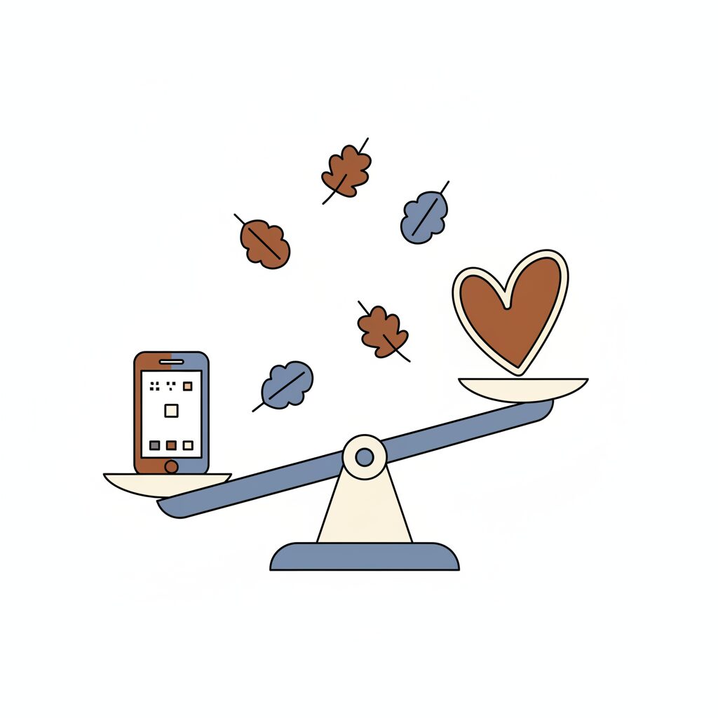 Familia en equilibrio entre tecnología y actividades al aire libre