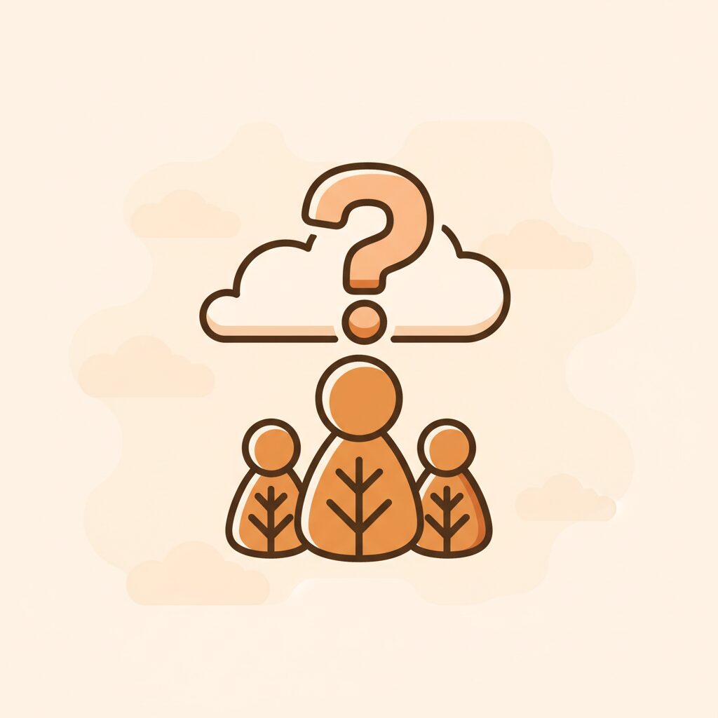 曇天の公園ベンチで会話する親子