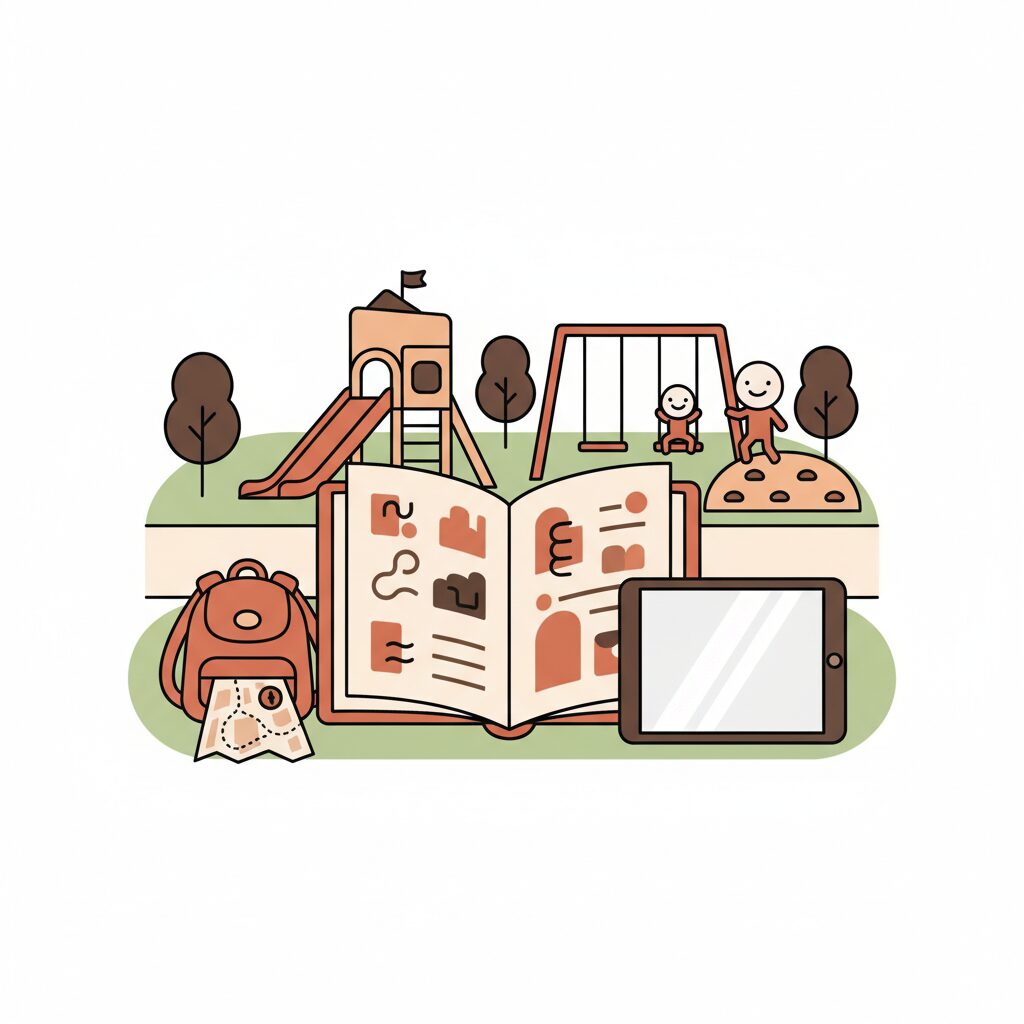 아이가 동네 공원에서 길찾기 게임을 하는 모습