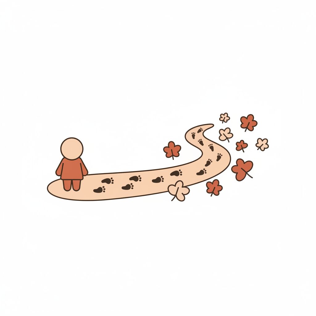 아이와 부모가 함께 공원 길을 걸어가는 뒷모습