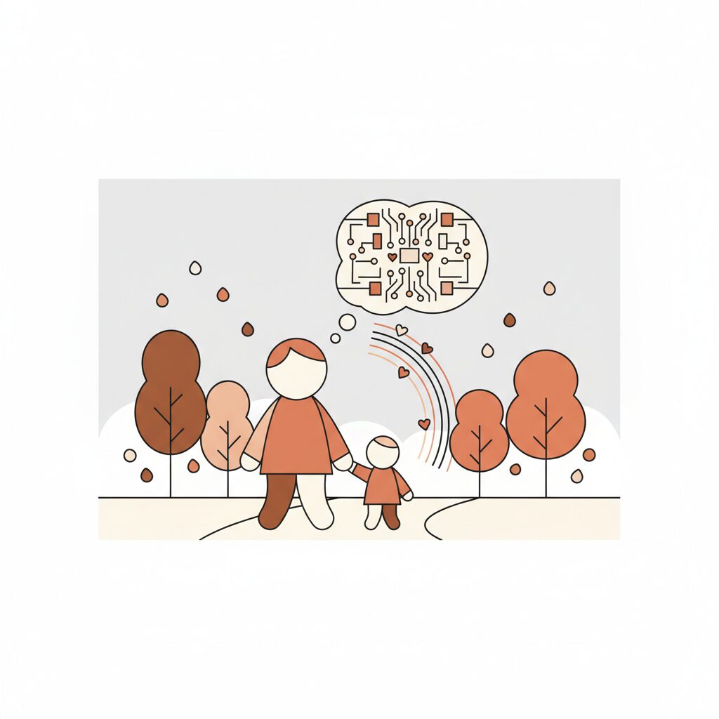 公園で娘と手をつなぐ父親 秋の穏やかな光景