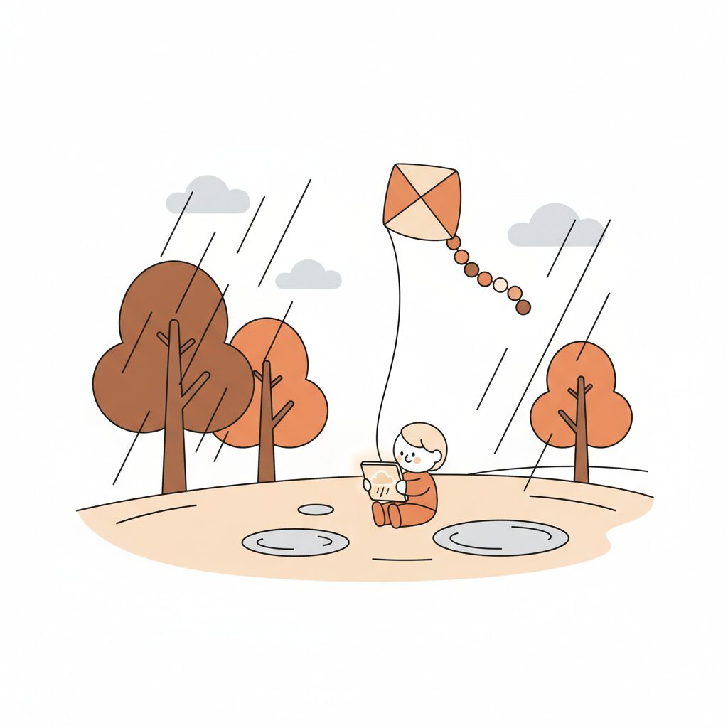 Keluarga menjelajahi alam di taman saat cuaca mendung