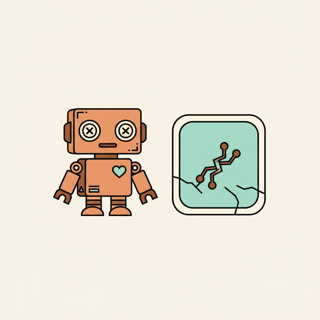Child drawing imaginative robots on paper after app failure