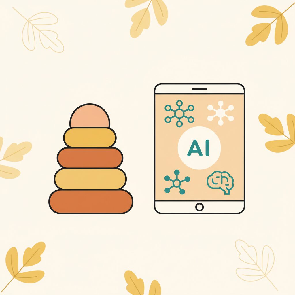 Anak bermain balok kayu di lantai