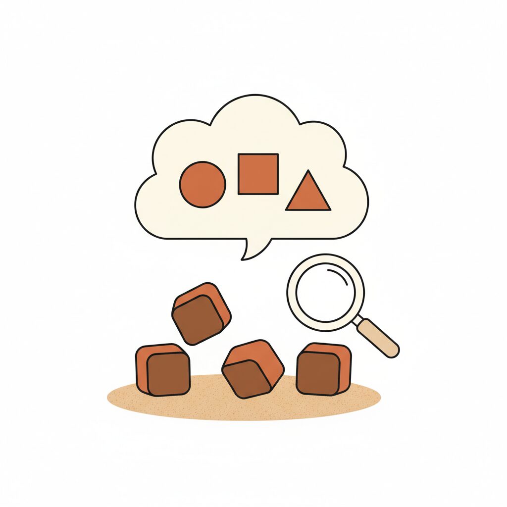 Child examining unstable block tower illustration