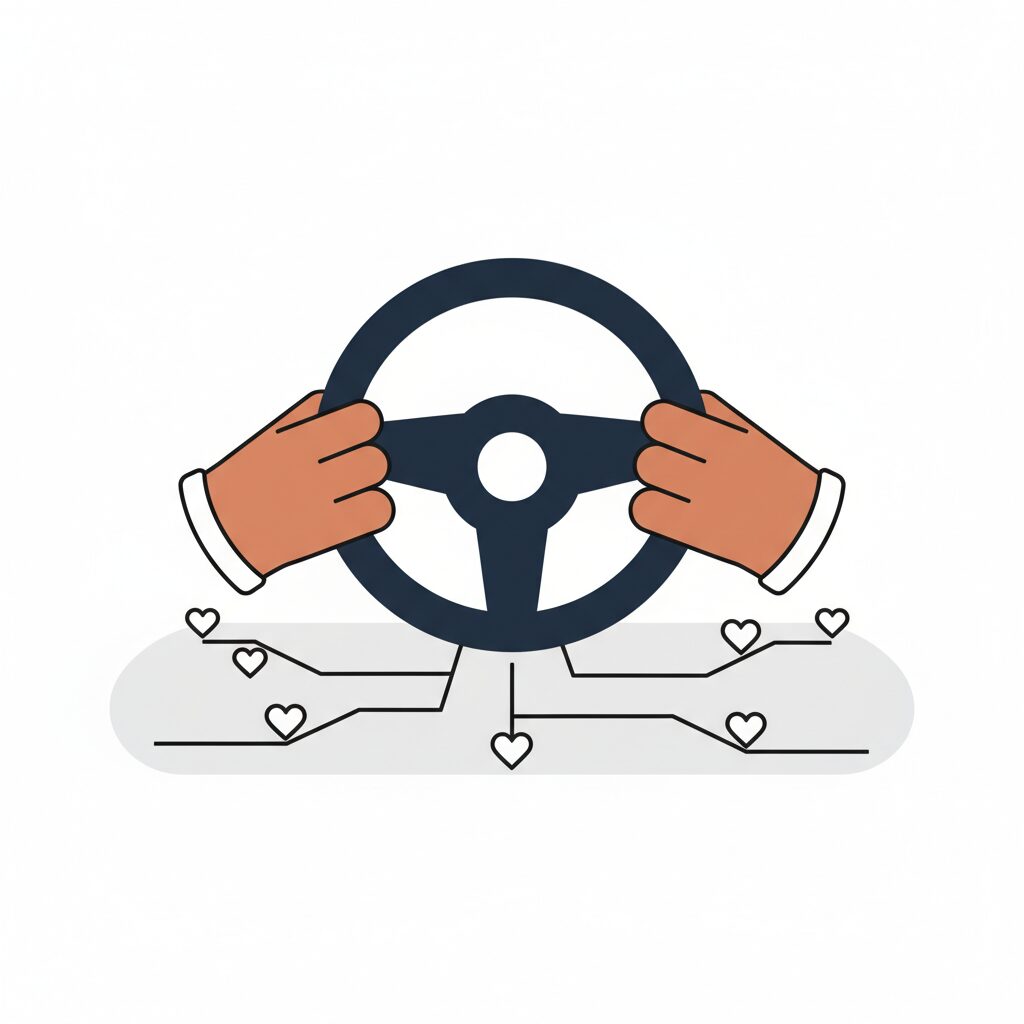 dad holding child's hand while observing a robotaxi