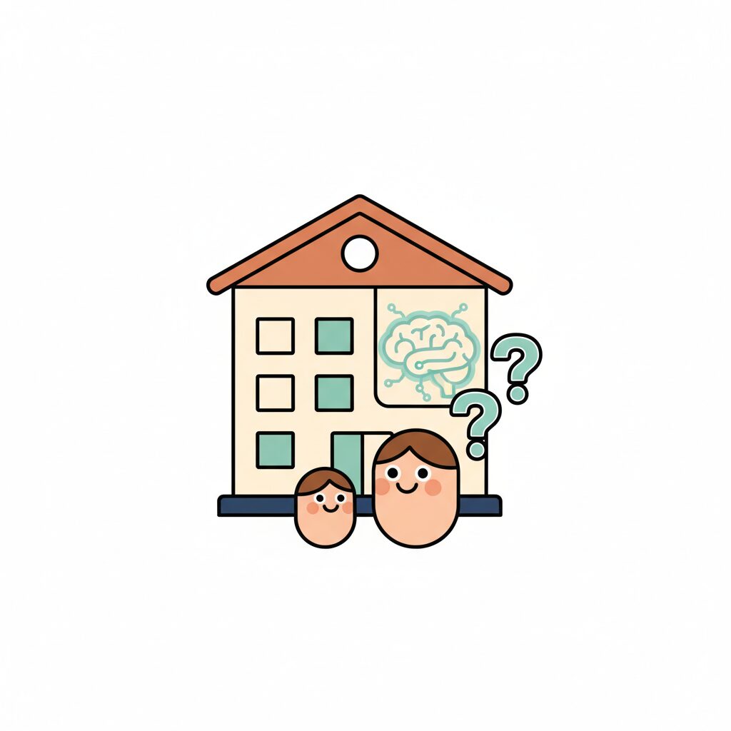 Niño preguntando sobre un edificio pintado fachada