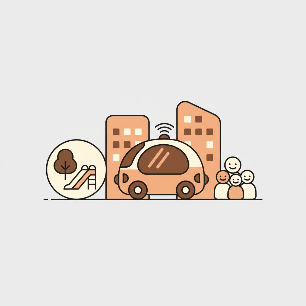 街角で走る自律走行車と子供たち