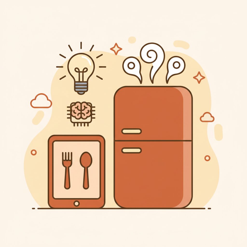 부모와 아이가 주방에서 태블릿으로 요리 레시피를 찾는 장면