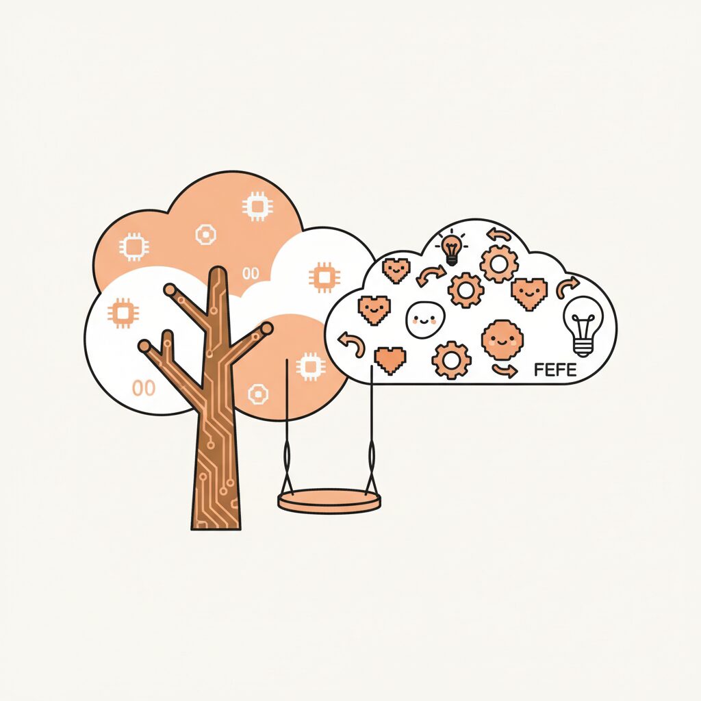 富士通とPalantirのAI連携イメージ 未来を思う親子のシルエット