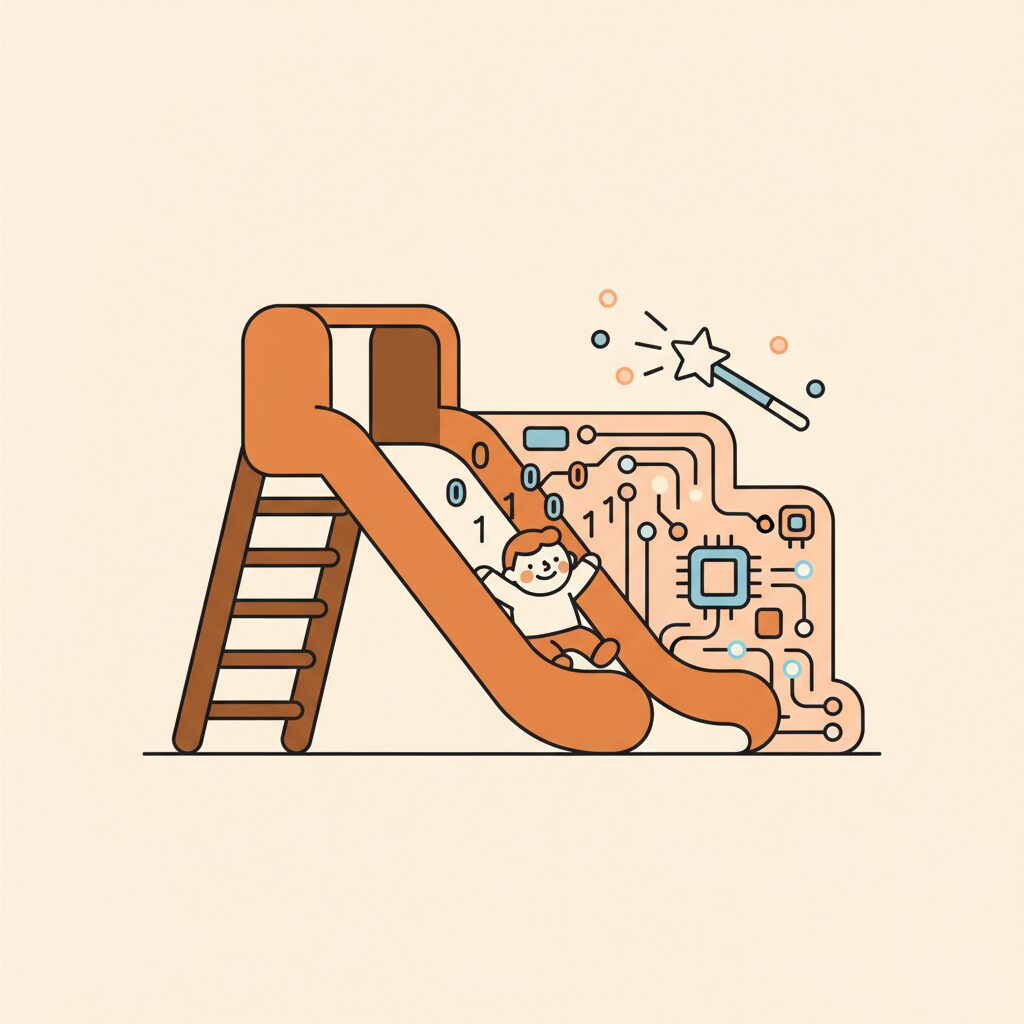 AI 이미지 생성 도구를 놀이터처럼 즐겁게 탐색하는 아이와 아빠