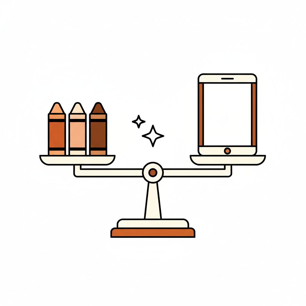 태블릿과 크레파스로 각자 그림을 그리며 창의력을 발휘하는 아이들