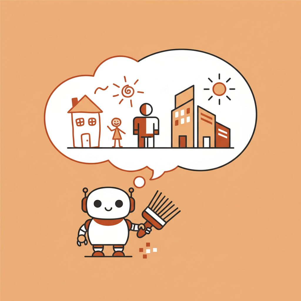 子どもがAIで生成されたアート作品に驚く姿