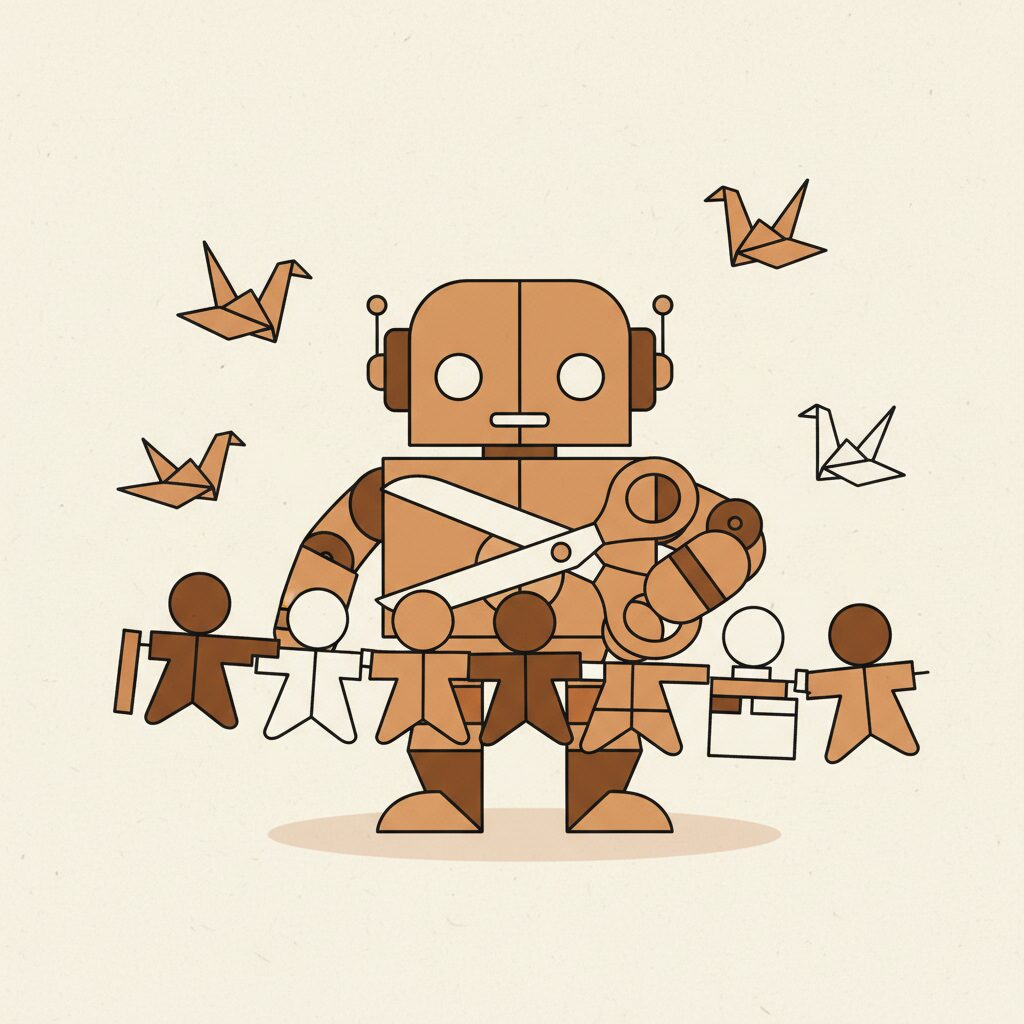 종이로 로봇을 접는 아이의 손