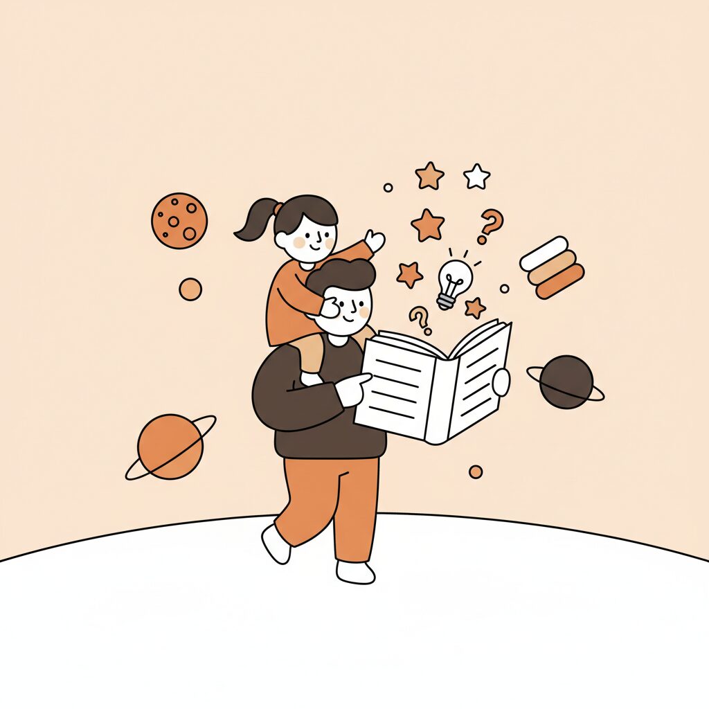 아빠와 딸이 거실 바닥에서 태블릿을 보며 즐겁게 대화하는 모습