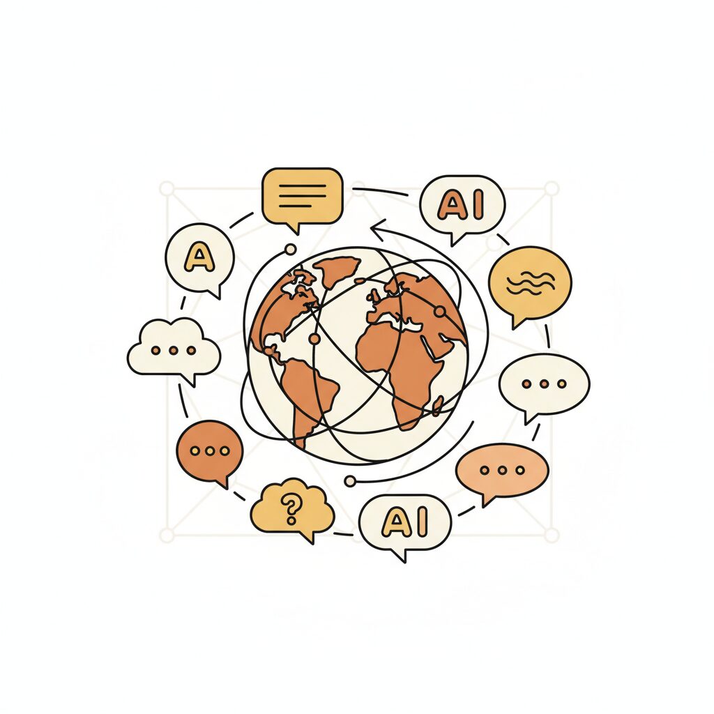 地球儀と多言語表示されたAI翻訳インターフェース