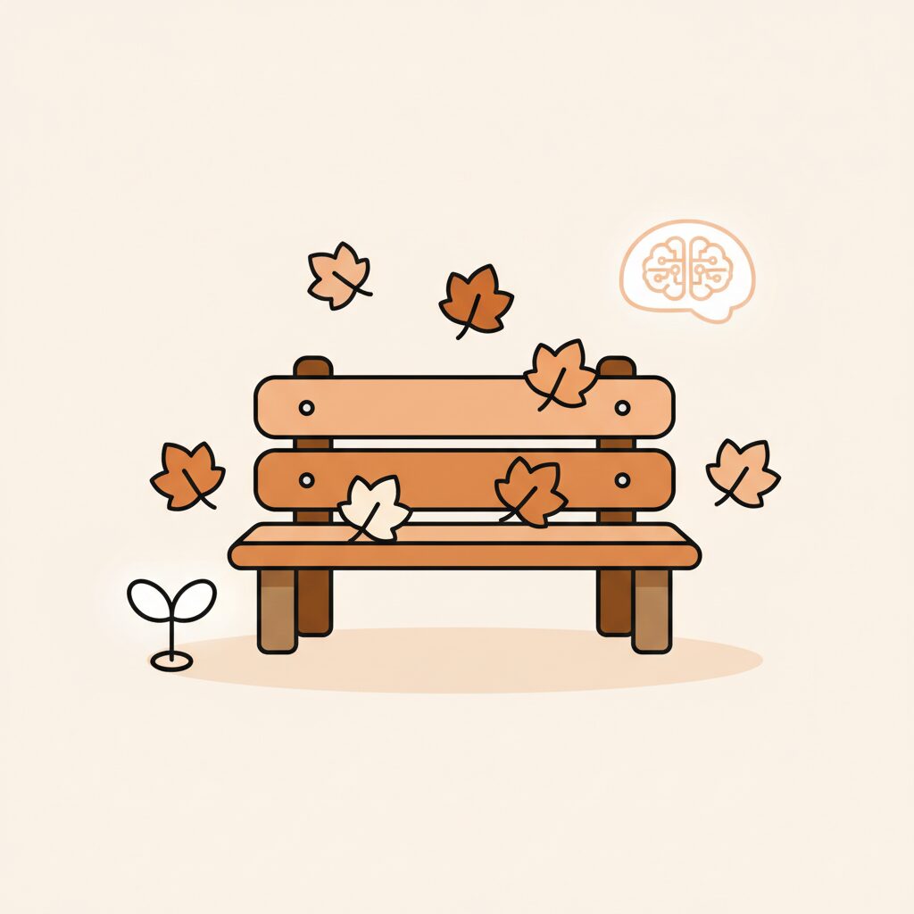 曇り空の公園ベンチで未来を考える親子