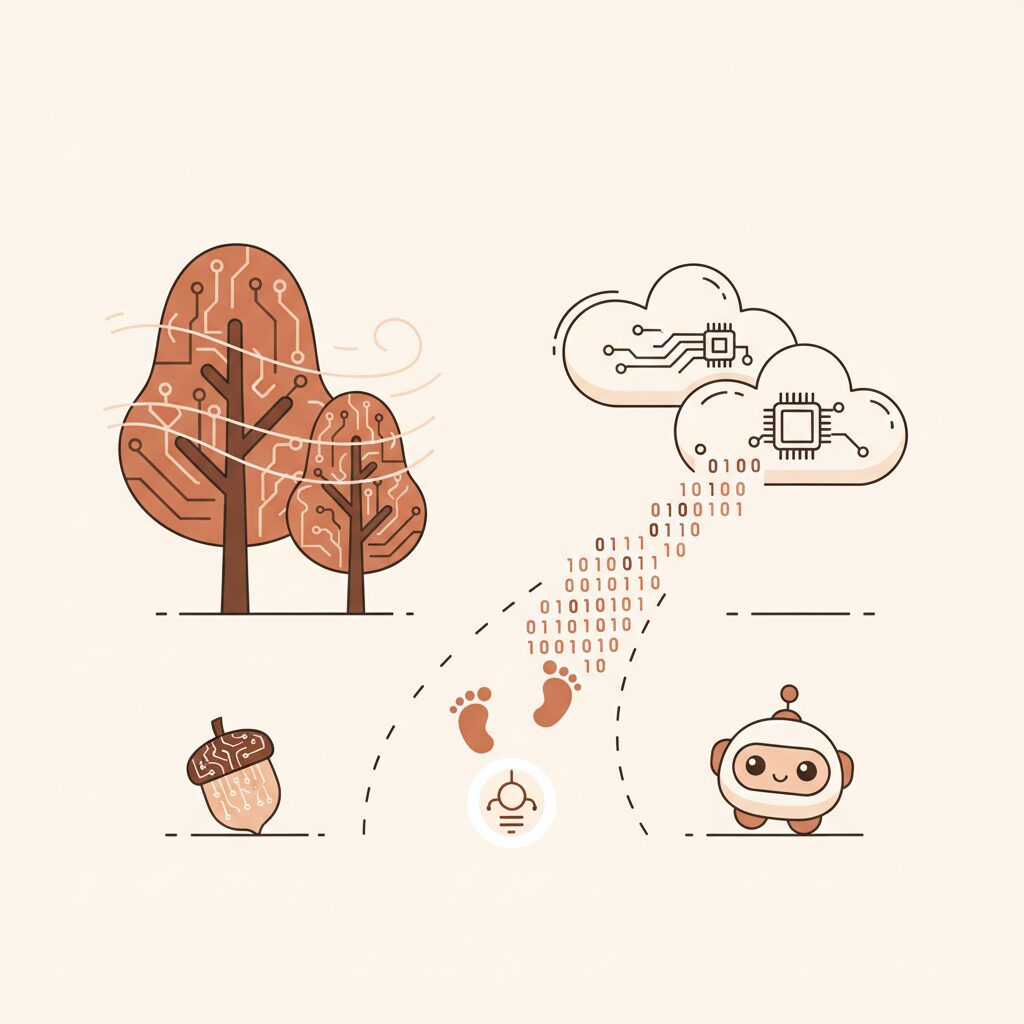 親子で公園を散歩しながらAIの未来について語る様子