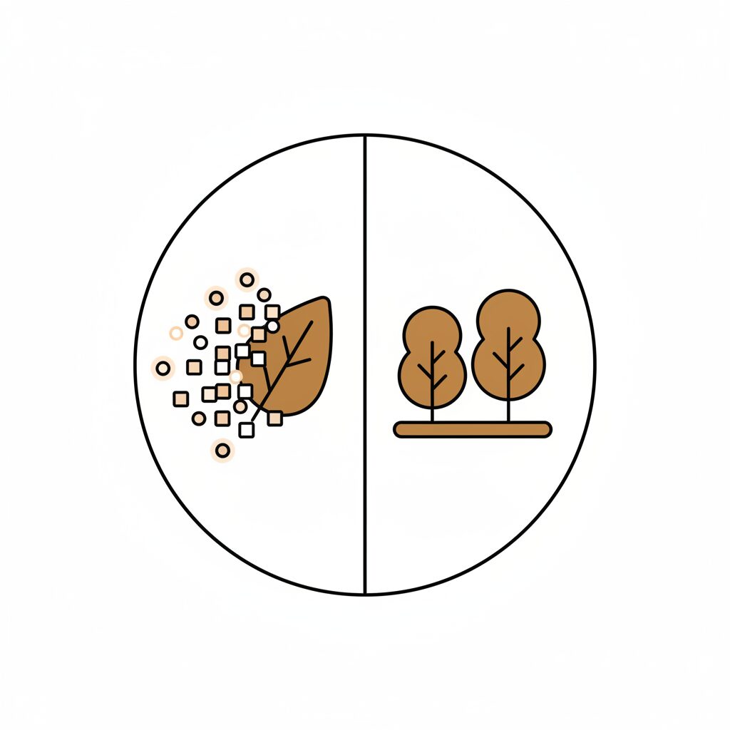 親子で公園の自然素材をタブレットと組み合わせて遊ぶ様子