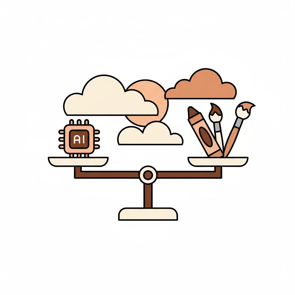 AIと向き合う家族のイラスト 公園でタブレットを見ながら話し合う親子