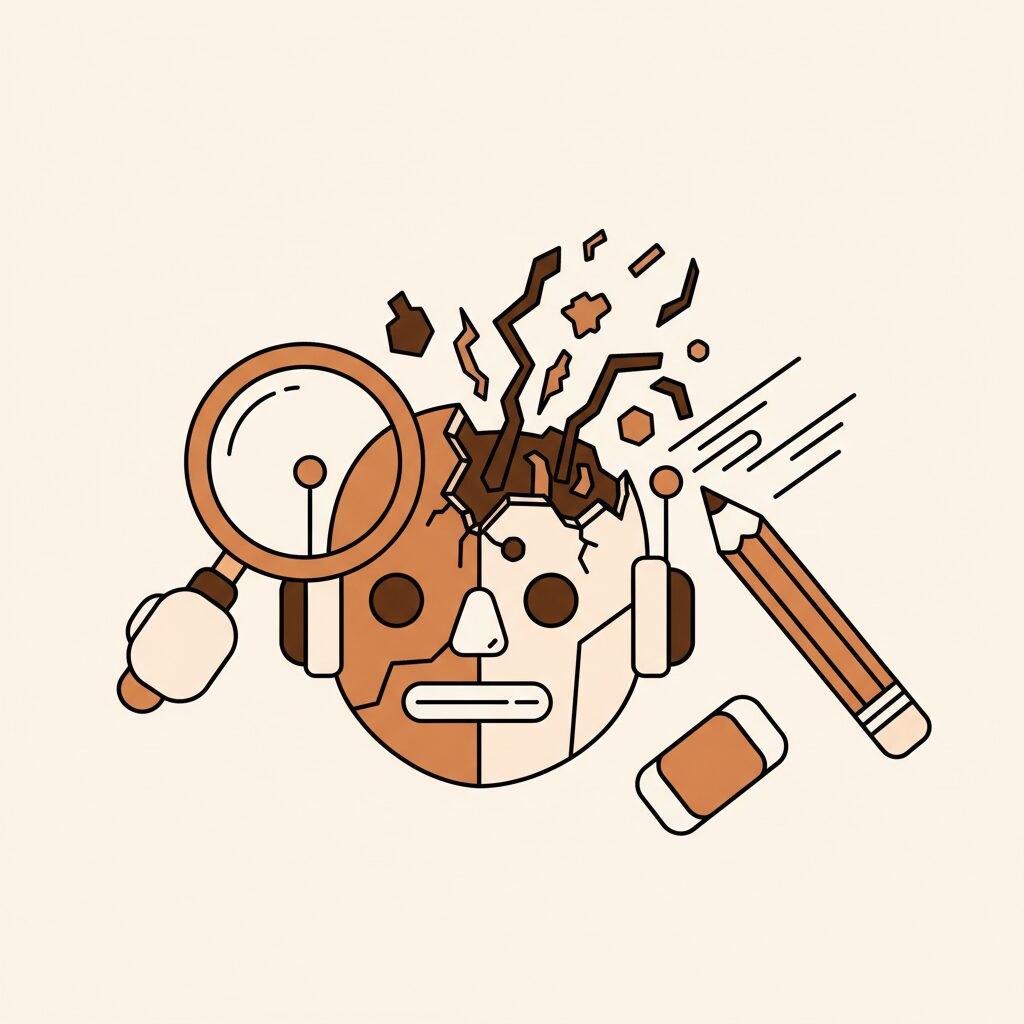 AI制作の不完全なイラストを修正するデザイナー ノートブックとタブレットが並ぶワークスペース