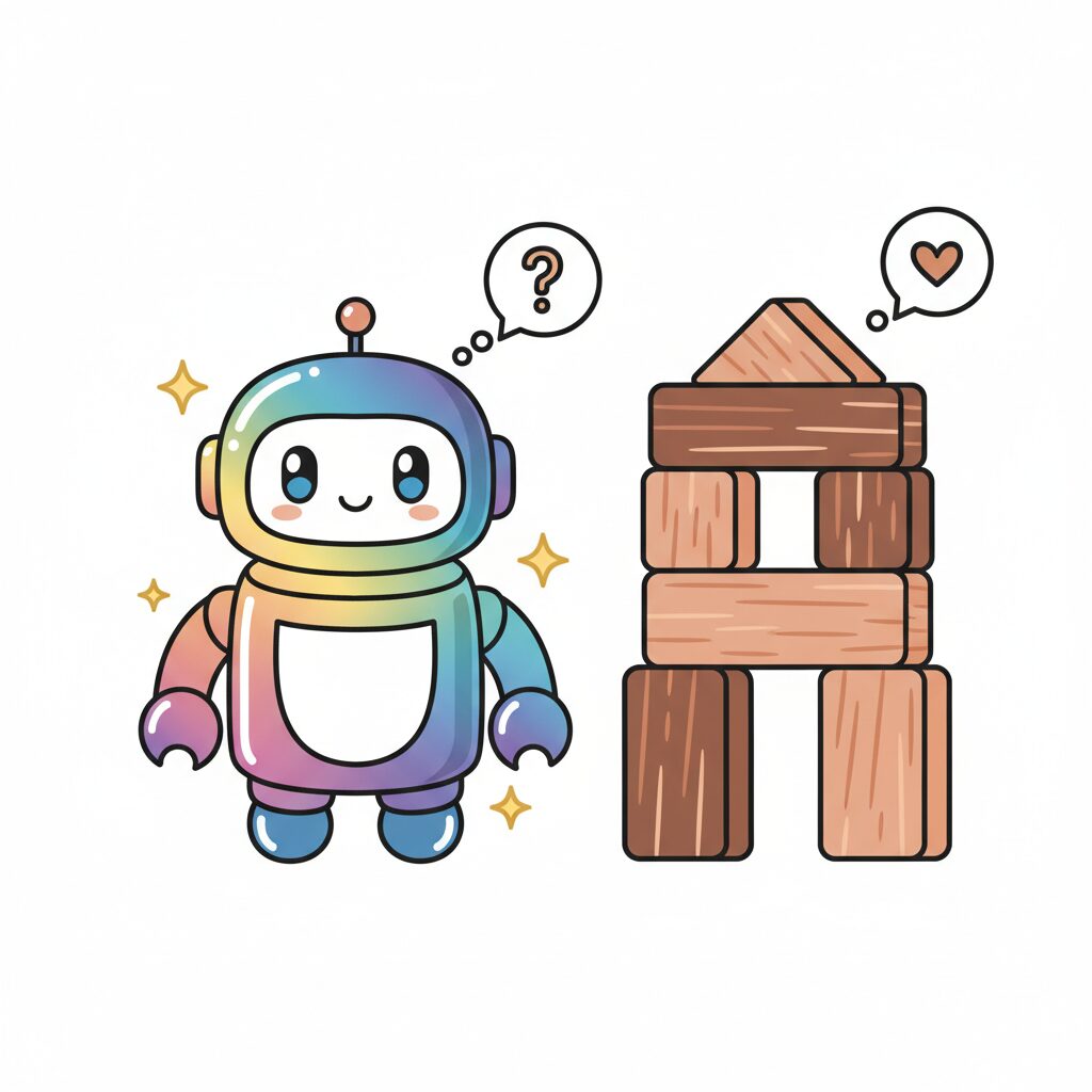 아이가 화려하지만 속이 빈 장난감 상자를 보고 실망하는 모습