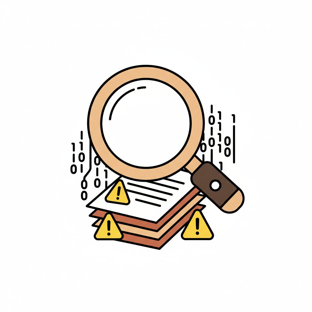 AIが偽科学ジャーナルを検出する様子を表したイラスト、デジタル画面に赤い警告マークが点滅