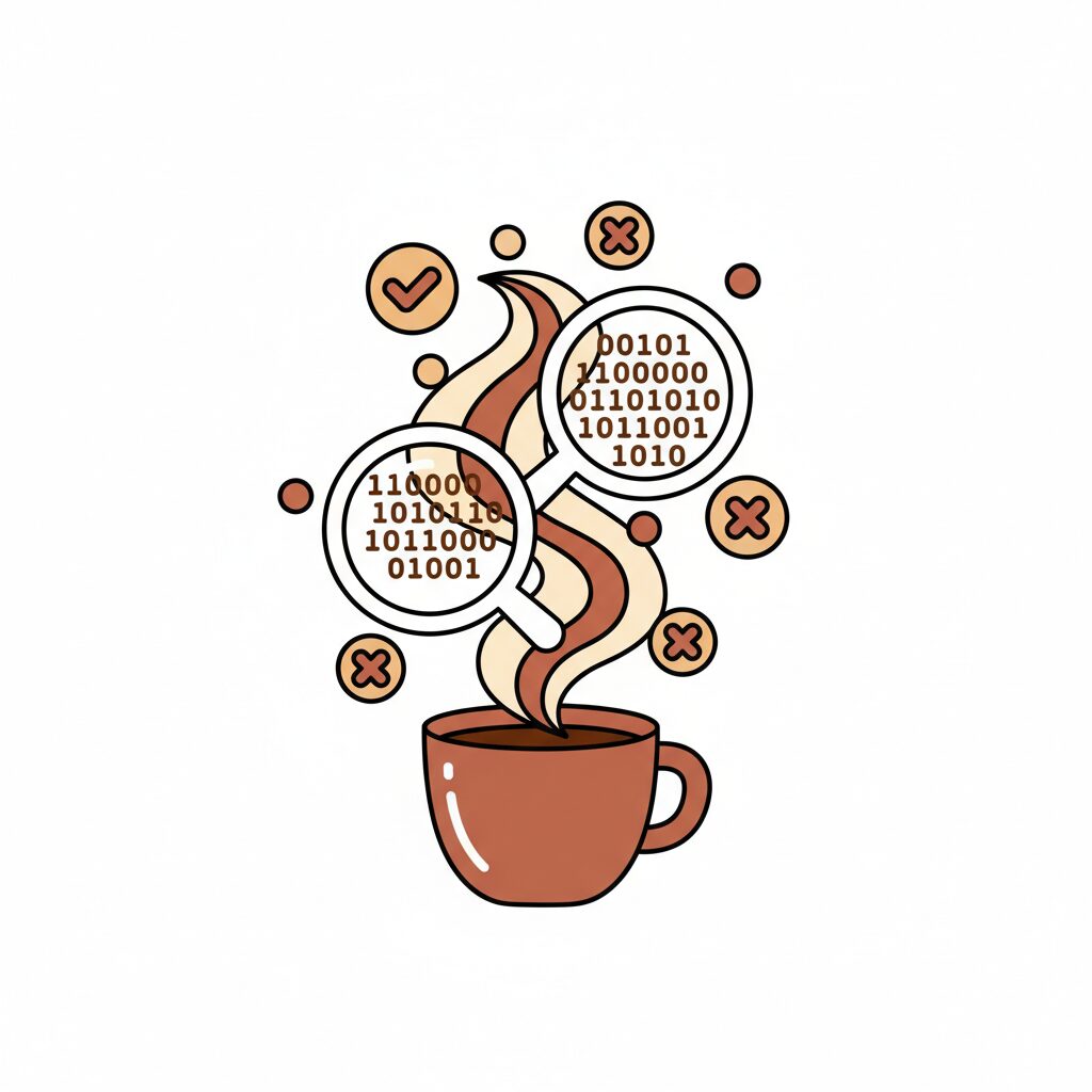 湯気立つコーヒーカップの横でタブレットを見る親子、窓から柔らかい朝日が差し込む家庭的な情景