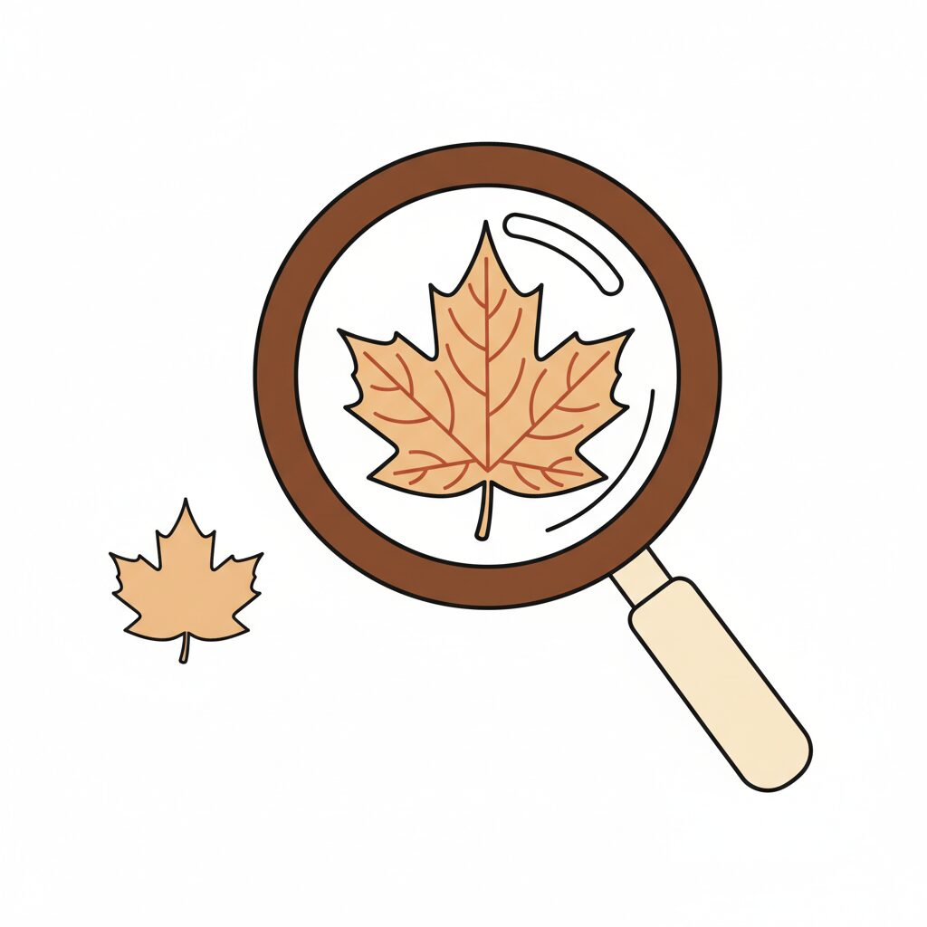 子どもが虫眼鏡で葉っぱを観察、背景にノートと色鉛筆が散らばる