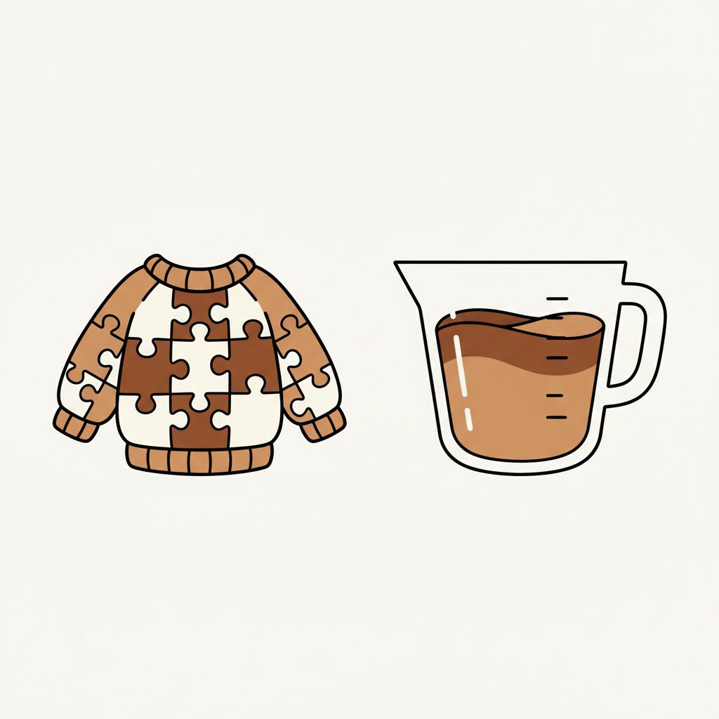 Child wearing oversized sweater laughing while solving wooden puzzle