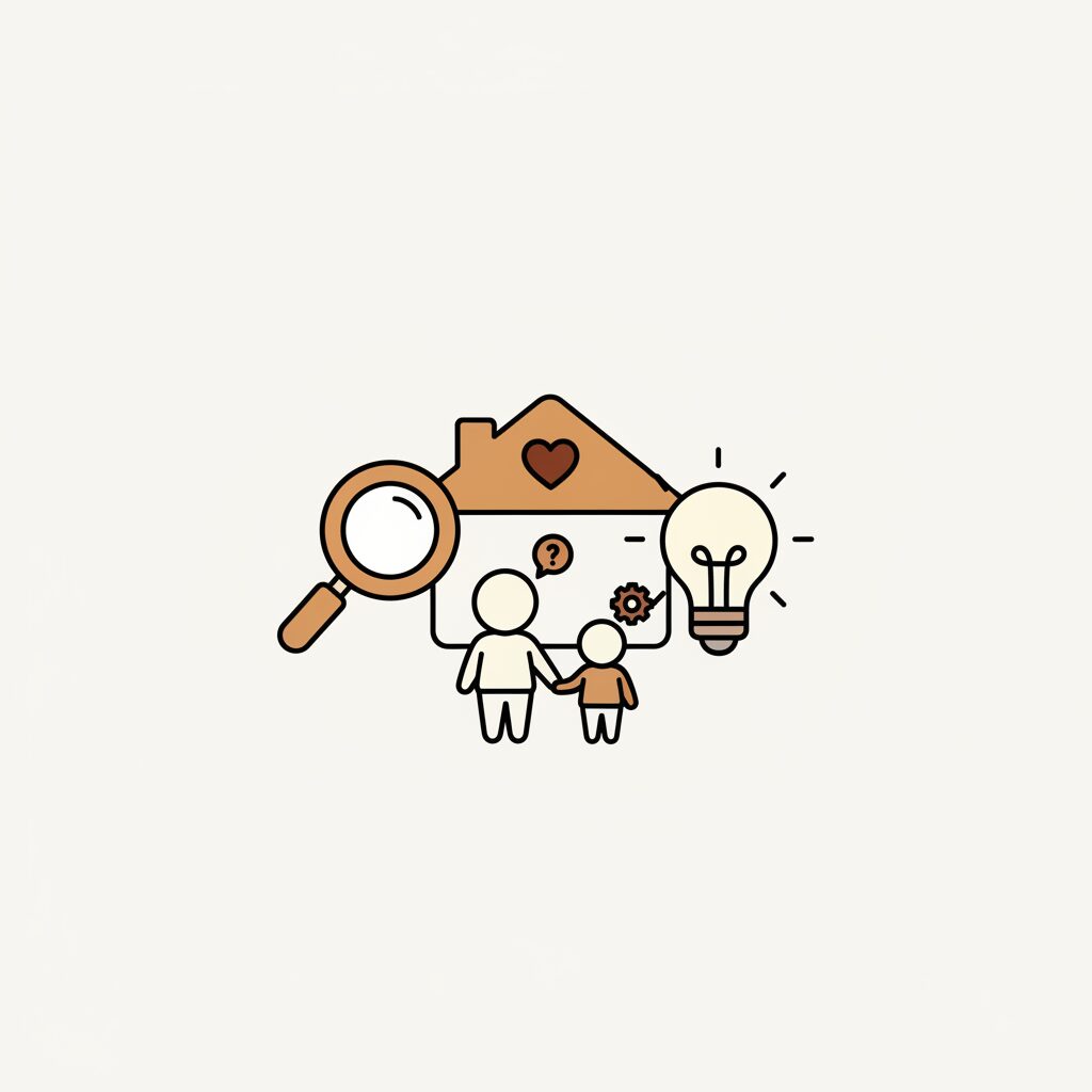 リビングで親子が協力してタブレットを操作 夕方の温かい光