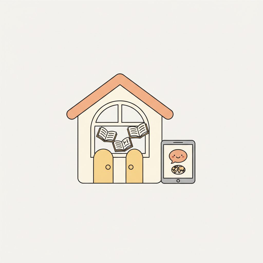 صورة: طفل يتصفح تطبيق تعليم اللغات على اللابتوب