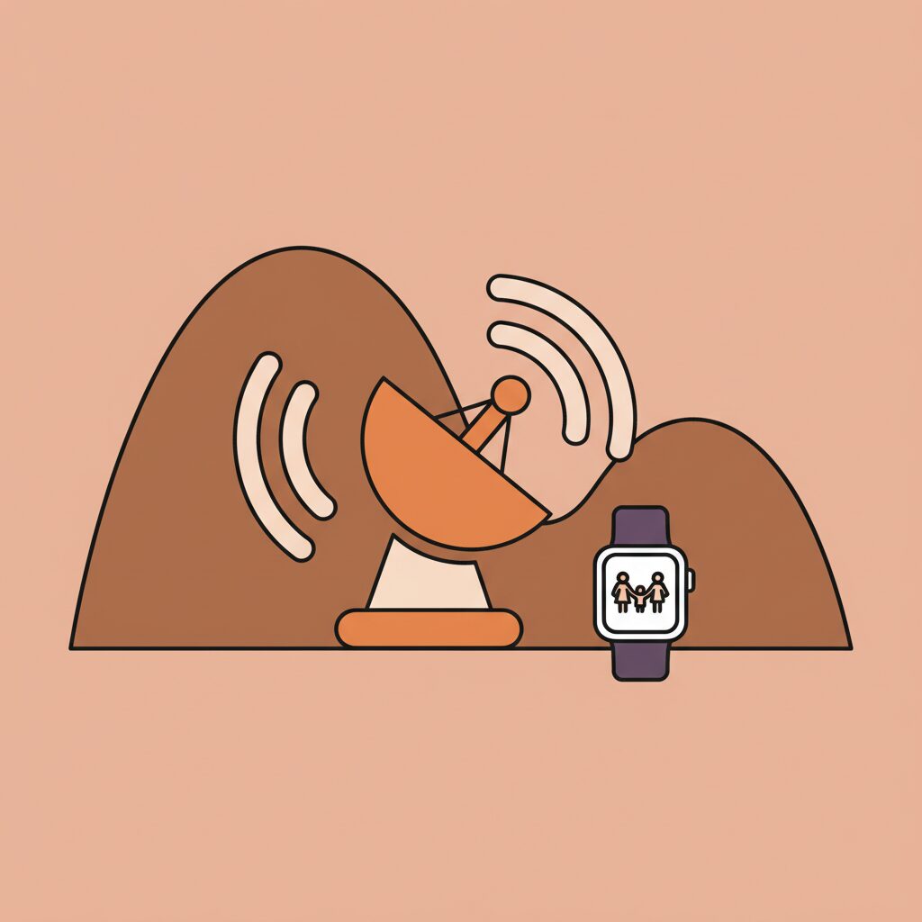 山登りする子どもとスマートウォッチの衛星通信機能