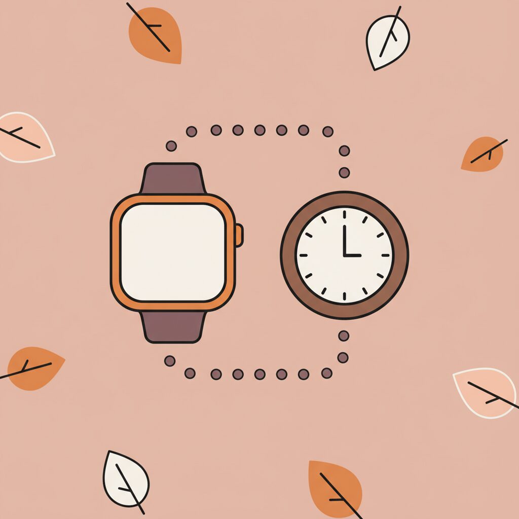 森でどんぐりを拾いスマートウォッチで調べる親子