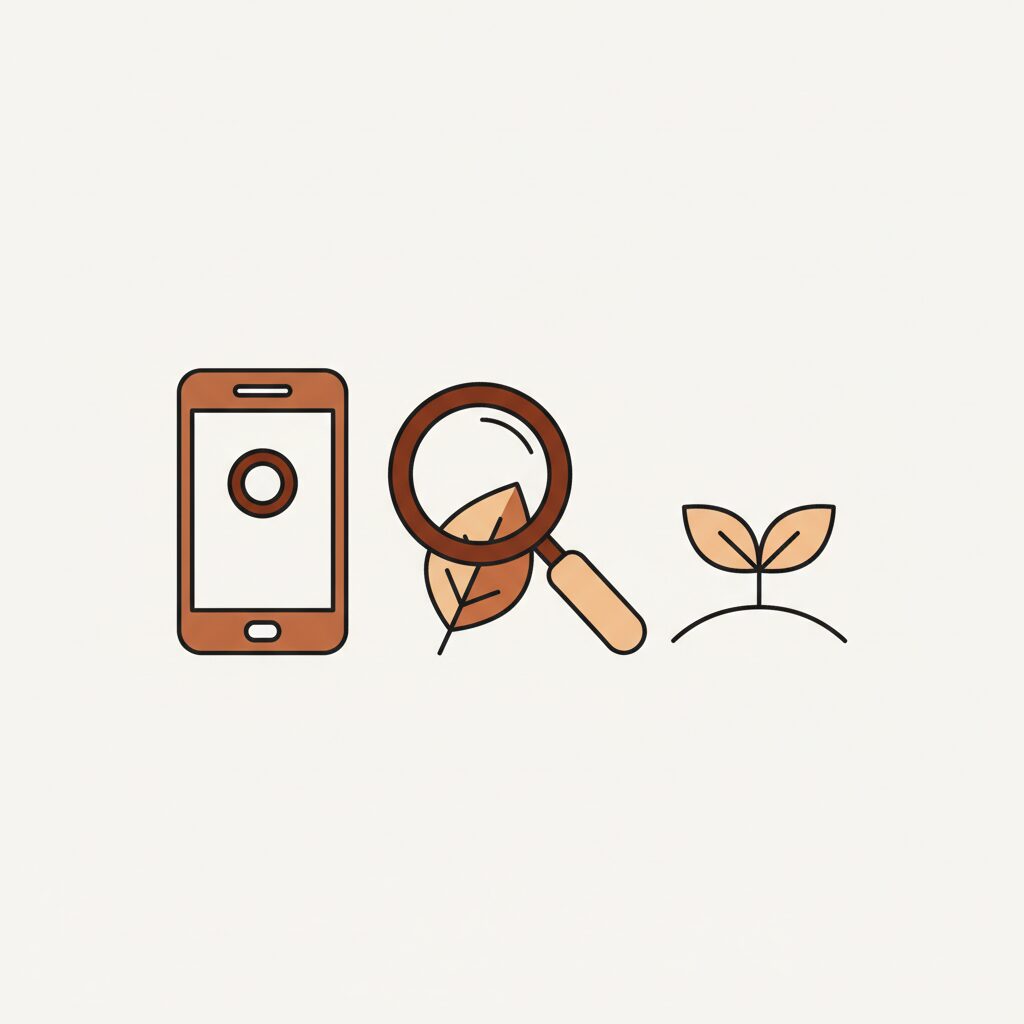 Parent and child examining nature treasure with smartphone nearby